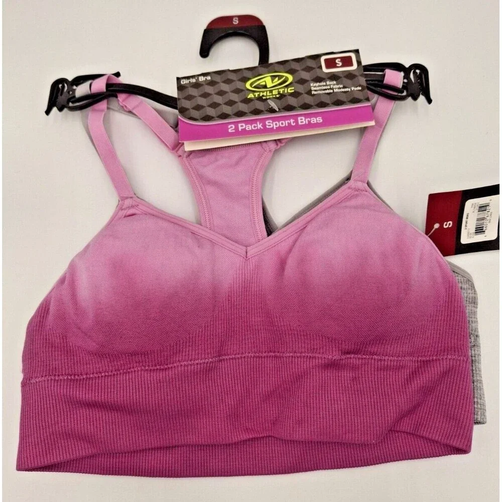 NWT Athletic Works Girls Sports Bras 2-Pack Size S Small Pink & Grey